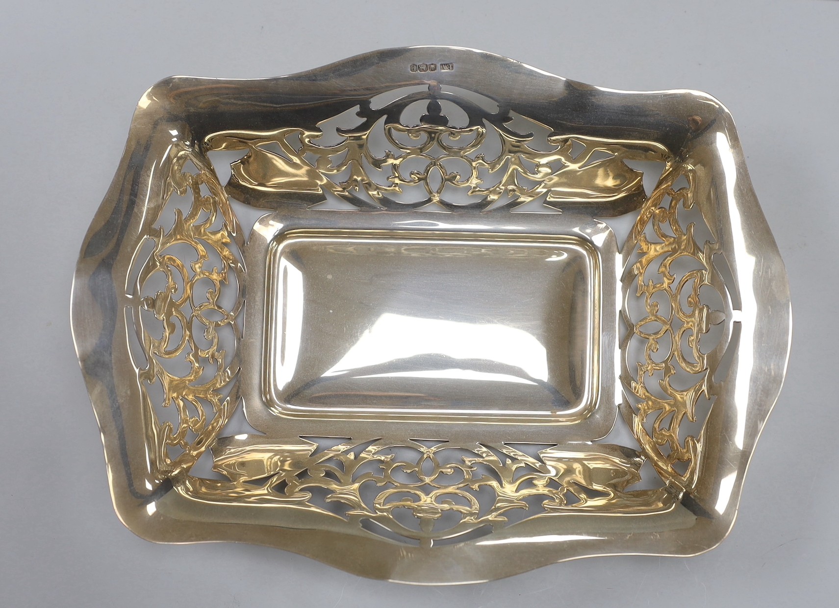 A George V pierced silver shapes rectangular fruit bowl, Viners Ltd, Sheffield, 1932, 28.2cm, 11.6oz.